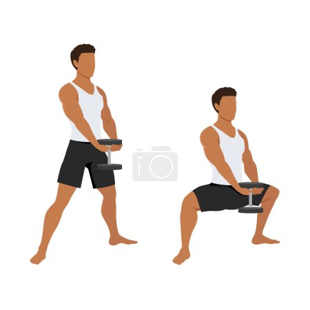 Illustration for Man doing plie squat exercise with dumbbell. Flat vector illustration isolated on white background - Royalty Free Image