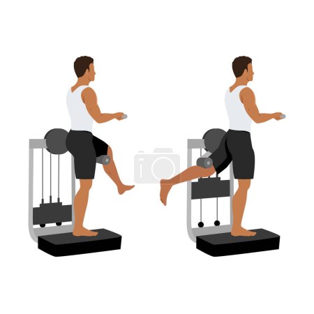 Illustration for Man doing Rear leg raise workout with machine. Lever standing rear kick exercise. Flat vector illustration isolated on white background - Royalty Free Image