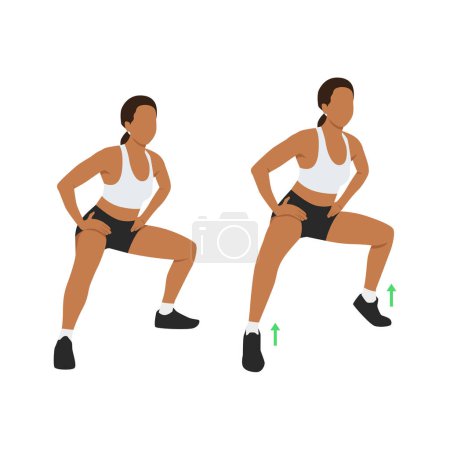 Illustration for Woman doing Wide squat with calf raises exercise. Flat vector illustration isolated on white background - Royalty Free Image