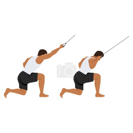 Illustration for Man doing half kneeling lat pulldown exercise. One arm lat pull down. Flat vector illustration isolated on white background - Royalty Free Image