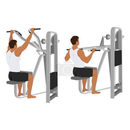 Illustration for Man doing lever front pulldown, lat machine pull down. Flat vector illustration isolated on white background - Royalty Free Image