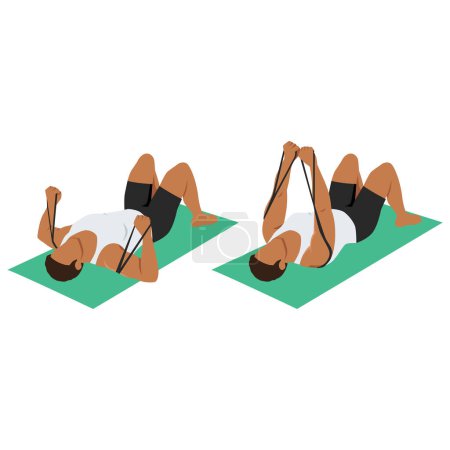 Illustration for Man doing banded lying chest press from floor with yoga fitness mat. - Royalty Free Image