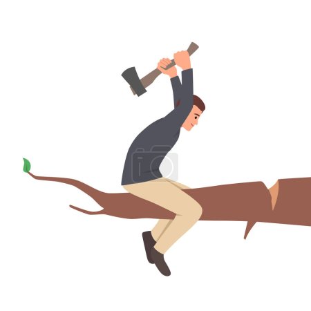 Illustration for Young businessman cutting the branch on which he sits using axe. Flat vector illustration isolated on white background - Royalty Free Image