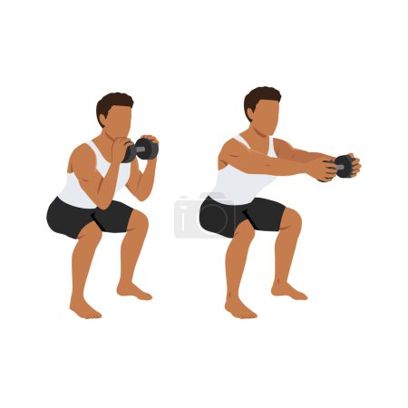 Téléchargez les illustrations : Homme faisant haltère poitrine presse squat exercice. Illustration vectorielle plate isolée sur fond blanc - en licence libre de droit