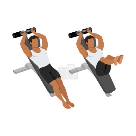 Téléchargez les illustrations : Homme faisant inclinaison banc d'exercice croquant inversé. Illustration vectorielle plate isolée sur fond blanc - en licence libre de droit