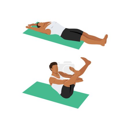 Illustration for Man doing star crunch or crunches. Abdominals exercise. Flat vector illustration isolated on white background - Royalty Free Image