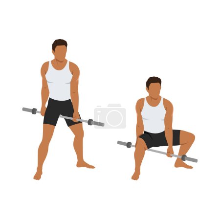 Illustration for Man doing jefferson squat exercise with bar. Flat vector illustration isolated on white background - Royalty Free Image