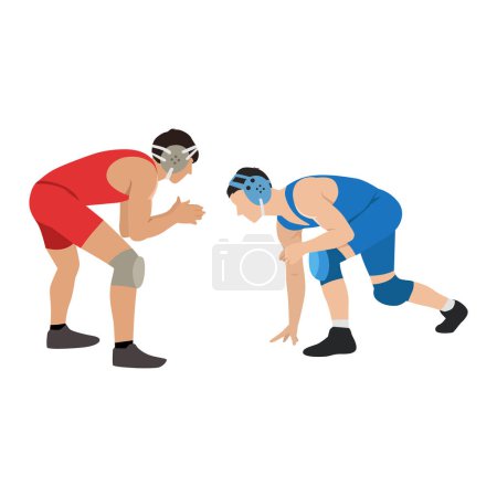 Illustration for A two young strong athletes is a freestyle wrestlers begin their duel. Flat vector illustration isolated on white background - Royalty Free Image