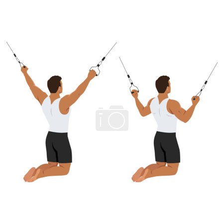 Illustration for Man doing kneeling cable lat pulldown exercise. Flat vector illustration isolated on white background - Royalty Free Image