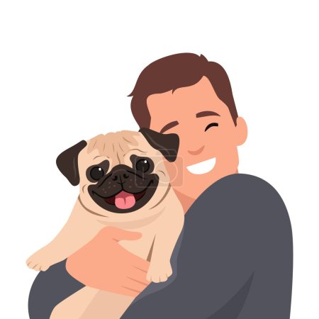 Illustration for Young man hugging little dog pet. Smiling boy petting domestic animal. Friendship between a man and pet. Cute friendly pug. Flat vector illustration isolated on white background - Royalty Free Image