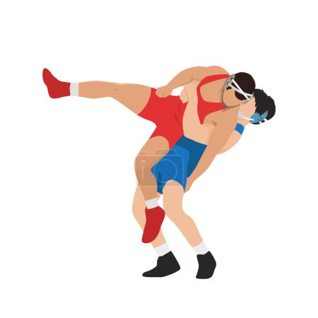 Young athletes wrestlers in the fight, duel, fight. Figures of strong men. Greco Roman, freestyle, classical wrestling. Flat vector illustration isolated on white background