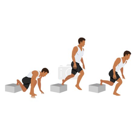 Téléchargez les illustrations : Homme faisant plyométrique bulgare exercice squat fractionné. Illustration vectorielle plate isolée sur fond blanc - en licence libre de droit