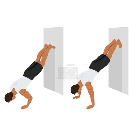Illustration for Man doing inverted wall push up exercise. Flat vector illustration isolated on white background - Royalty Free Image
