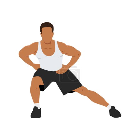 Ilustración de Hombre haciendo aductor de pie o ejercicio de estiramiento de aducción. Ilustración vectorial plana aislada sobre fondo blanco - Imagen libre de derechos