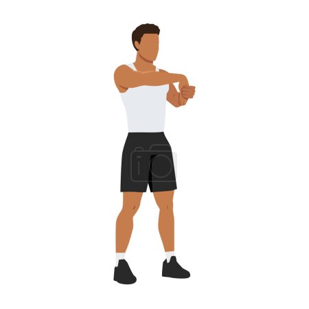 Illustration for Man doing standing palm down wrist stretch exercise. Flat vector illustration isolated on white background - Royalty Free Image