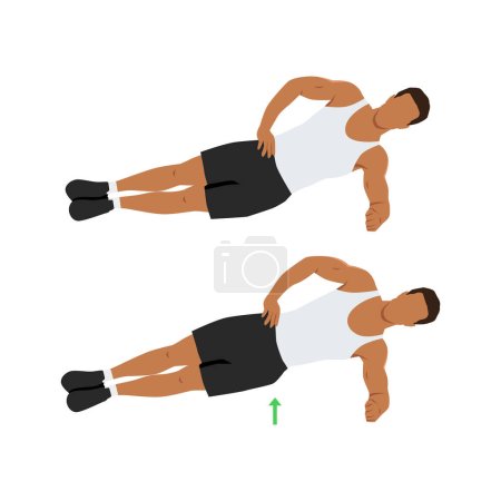 Illustration for Man doing side plank hip raises exercise. Flat vector illustration isolated on white background - Royalty Free Image