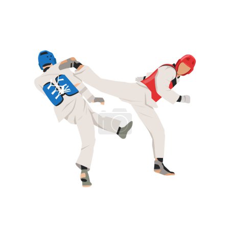 Illustration for Fight between two taekwondo fighters. Sparring on training action. Self defense skills exercising concept. Flat vector illustration isolated on white background - Royalty Free Image