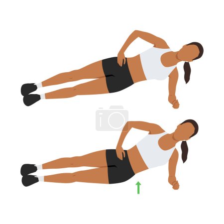 Illustration for Woman doing side plank hip raises exercise. Flat vector illustration isolated on white background - Royalty Free Image