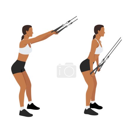 Woman doing straight arm Rope lat pulldown exercise. Flat vector illustration isolated on white background