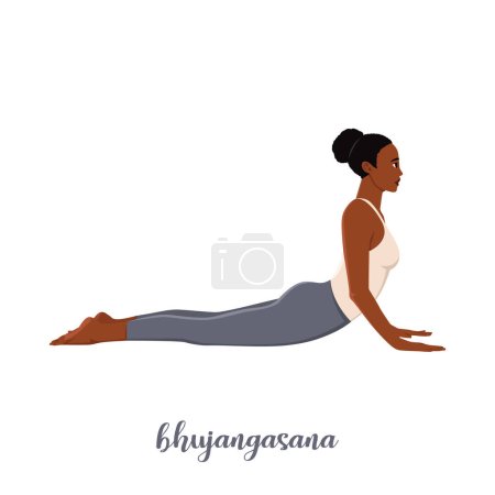 Femme faisant Bhujangasana ou Cobra Pose. faire de l'exercice pendant l'entraînement en gymnastique. Illustration vectorielle plate isolée sur fond blanc