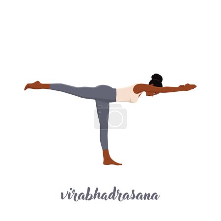 Mujer haciendo pose de Guerrero 3 yoga. Virabhadrasana 3. Ilustración vectorial plana aislada sobre fondo blanco