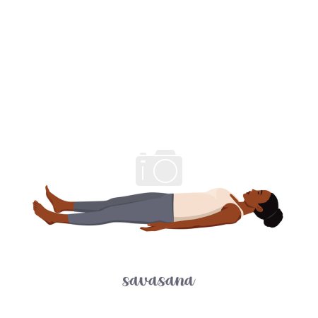 Ilustración de Mujer haciendo Shavasana o Cadáver Pose. Práctica de Yoga. Ilustración vectorial plana aislada sobre fondo blanco - Imagen libre de derechos