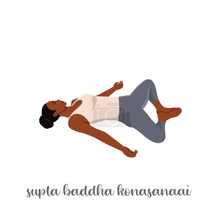 Ilustración de Mujer descansando en Reclinación Angulo Atado Yoga Pose, Supta Baddha Konasana, asana reparadora, relajante. Ilustración vectorial plana aislada sobre fondo blanco - Imagen libre de derechos