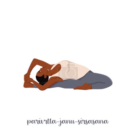 Illustration for Woman doing Revolved Head to Knee Pose. Parivrtta janu sirsasana. Flat vector illustration isolated on white background - Royalty Free Image