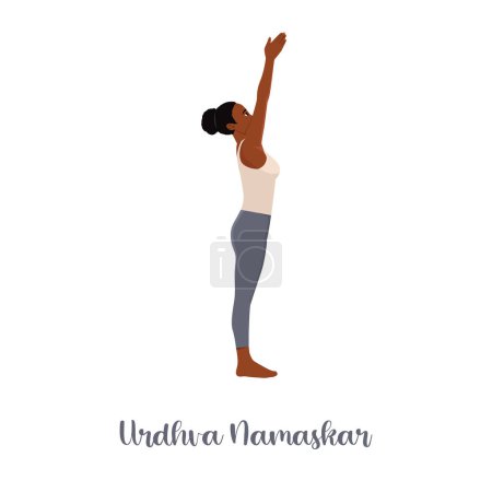 Téléchargez les illustrations : Femme exécutant Urdhva Hastasana, posture de yoga de la main vers le haut, asana de la séquence Surya Namaskar, complexe de salutation solaire. Illustration vectorielle plate isolée sur fond blanc - en licence libre de droit