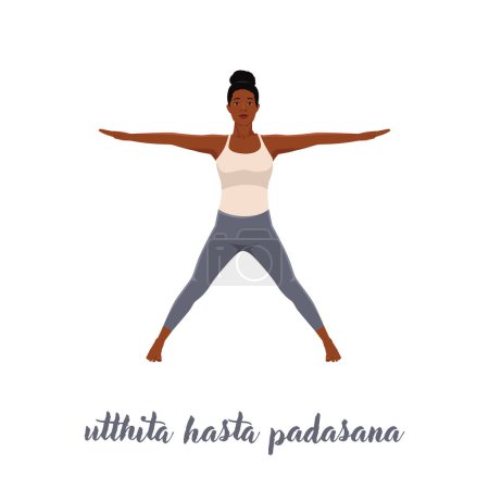 Illustration for Woman doing Side Hands And Feet Pose, Parsva Hasta Padasana. Flat vector illustration isolated on white background - Royalty Free Image