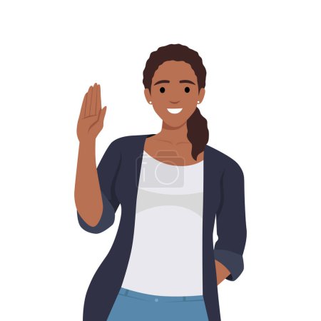 Illustration for Young good looking woman doing greet pose and say hi. Flat vector illustration isolated on white background - Royalty Free Image