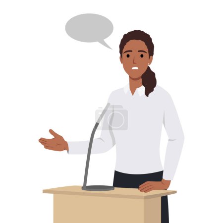 Illustration for Young Business woman or politician speaking at the podium. Flat vector illustration isolated on white background - Royalty Free Image