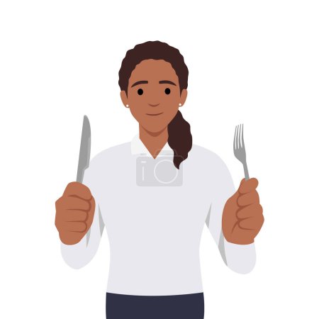 Ilustración de Mujer joven sosteniendo tenedor y cuchillo. Mujer hambrienta esperando comida. Ilustración vectorial plana aislada sobre fondo blanco - Imagen libre de derechos