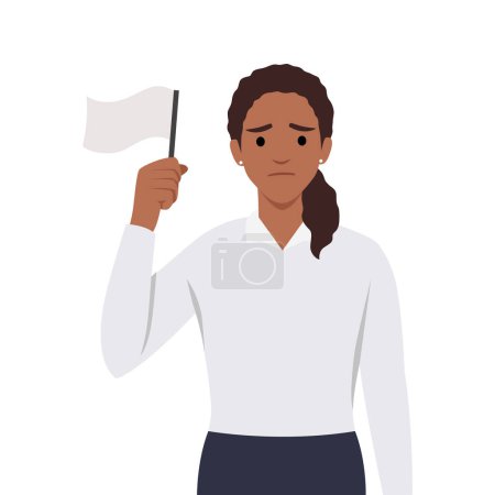 Illustration for Young woman holds white flag of surrender. Flat vector illustration isolated on white background - Royalty Free Image
