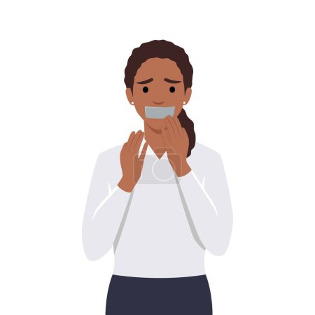Illustration for Young woman silenced with mouth covered with grey tape. Flat vector illustration isolated on white background - Royalty Free Image