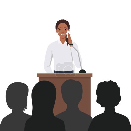 Illustration for Young woman feeling fear and anxiety before stage speech. Nervous shy speaker with fright of audience. Lecturer sweating at public speaking. Flat vector illustration isolated on white background - Royalty Free Image