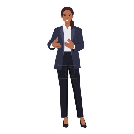 Ilustración de Mujer joven vestida con ropa de negocios o trabajadoras de oficina hablando con el espectador. Ilustración vectorial plana aislada sobre fondo blanco - Imagen libre de derechos