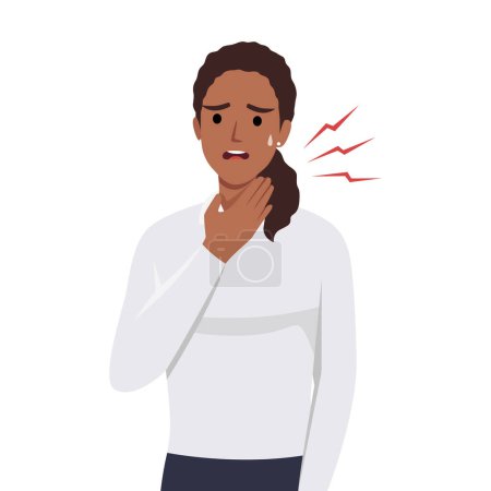 Illustration for Young female having sore throat symptom. cold and flu, Pharyngitis or tonsil inflammation symptom. Flat vector illustration isolated on white background - Royalty Free Image