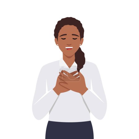 Illustration for Happy calm young woman hold keep hands at chest feel grateful and thankful at heart. Flat vector illustration isolated on white background - Royalty Free Image