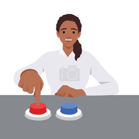 Ilustración de Mujer feliz eligiendo entre dos botones y pulsando uno azul. Ilustración vectorial para una elección difícil. Ilustración vectorial plana aislada sobre fondo blanco - Imagen libre de derechos