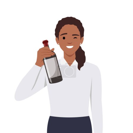 Illustration for Happy celebrating woman with holding a bottle of wine. Young female character at party or festive event. Flat vector illustration isolated on white background - Royalty Free Image