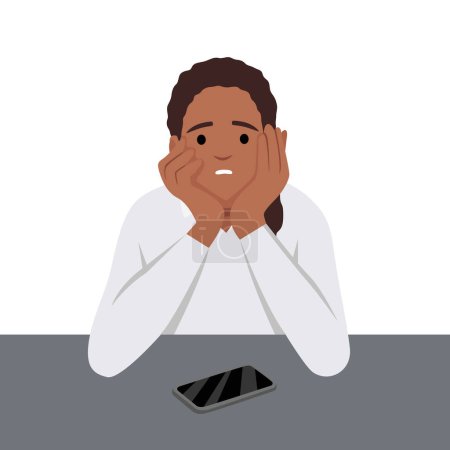 Illustration for Sad girl waiting for a call or a message on her cell phone. Flat vector illustration isolated on white background - Royalty Free Image