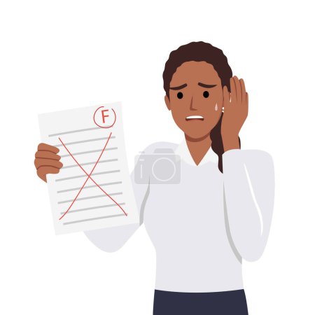Illustration for Girl holding paper sheet with grade on it. Girl standing with grade F. Idea of education and learning. Sad female with bad grade. Flat vector illustration isolated on white backgroundFlat vector illustration isolated on white background - Royalty Free Image