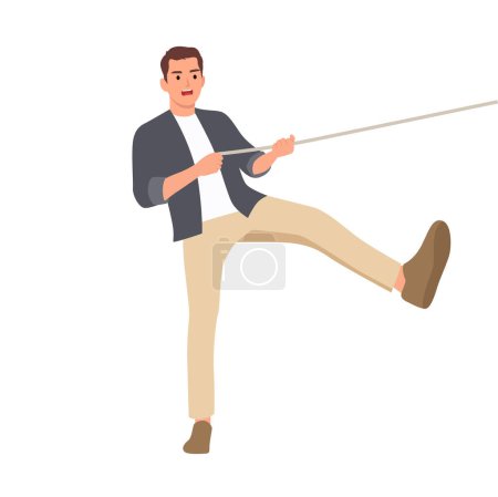 Téléchargez les illustrations : Jeune homme tirant une corde remorqueur de guerre. Illustration vectorielle plate isolée sur fond blanc - en licence libre de droit