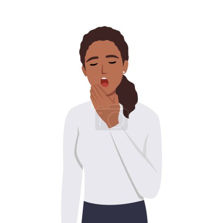 Ilustración de Mujer joven bostezando cubriendo boca a mano con los ojos cerrados. Ilustración vectorial plana aislada sobre fondo blanco - Imagen libre de derechos