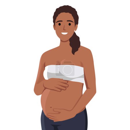 Ilustración de Sonriente mujer embarazada linda acariciando su vientre. Ilustración vectorial plana aislada sobre fondo blanco - Imagen libre de derechos
