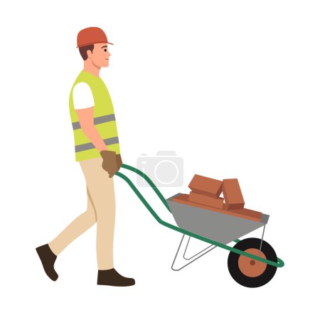 Construction worker with wheelbarrow. Man carrying loader with goods at warehouse. Transportation carrying on cart. Flat vector illustration isolated on white background