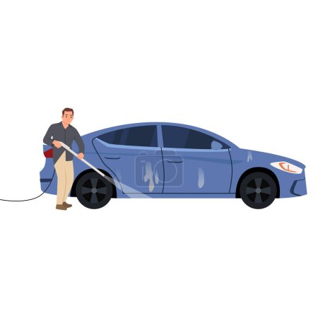 Man Washing his Car with water Gun for car wash. Flat vector illustration isolated on white background