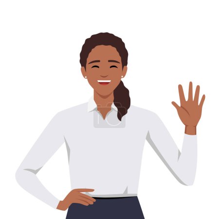 Illustration for Young good looking woman doing greet pose and say hi and hello while smiling. Flat vector illustration isolated on white background - Royalty Free Image