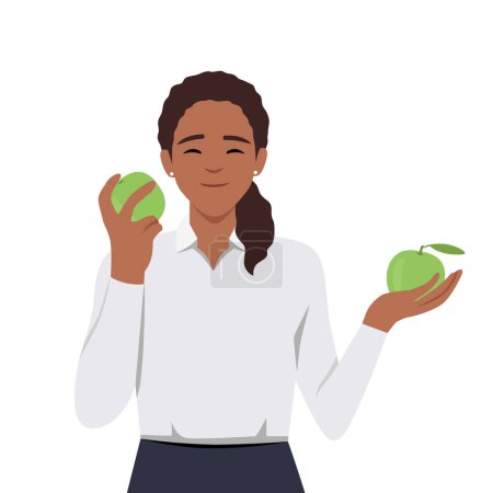 Young merry, cheerful woman wants to be healthy. Happy contented girl likes eco food very much. Each vegan and vegetarian prefers eating fruits. Flat vector